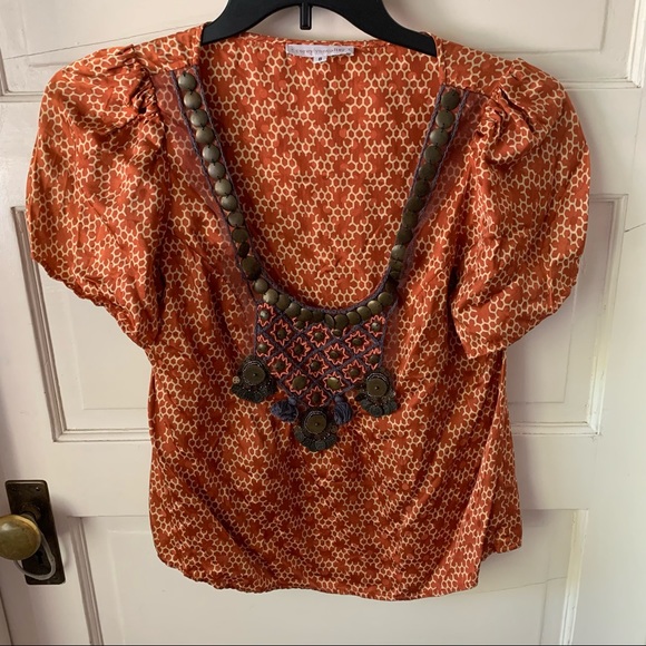 Corey Lynn Calter 100% Silk Embroidered Coin Tribal Far East Blouse Size 8 - Picture 2 of 9